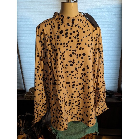 NWT FHQ Tan Print Balloon Sleeves High neck Blouse Sz 16 Xxl - Picture 2 of 6